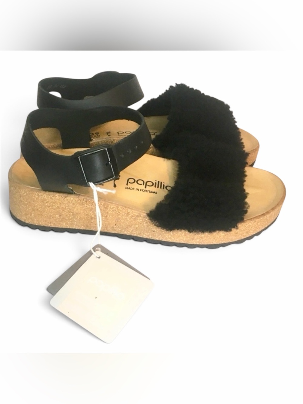 Papillio 8/39 Birkenstock Black Glenda Teddy Sandal Leather NEW Sherpa Faux Fur